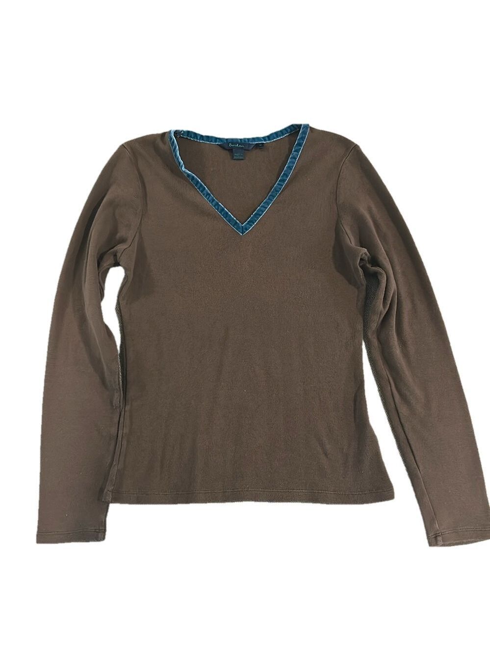 Boden 100% Cotton Brown V-Neck Long Sleeve Top with Blue Velvet Trim Size 10